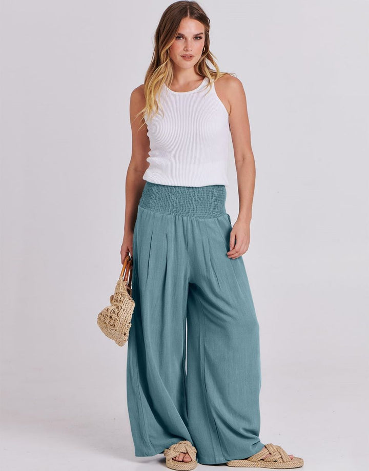 ANRABESS Linen Wide Leg Pants for Women Summer Boho High Waist Palazzo Pants Beach Lounge Casual Trousers with Pockets Vacation Clothes