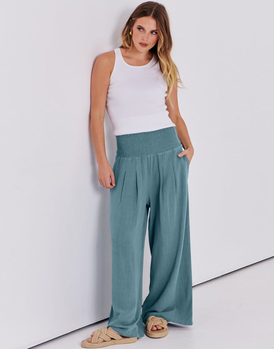 ANRABESS Linen Wide Leg Pants for Women Summer Boho High Waist Palazzo Pants Beach Lounge Casual Trousers with Pockets Vacation Clothes