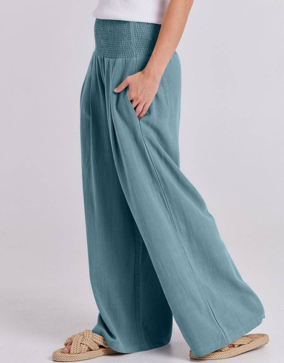 ANRABESS Linen Wide Leg Pants for Women Summer Boho High Waist Palazzo Pants Beach Lounge Casual Trousers with Pockets Vacation Clothes