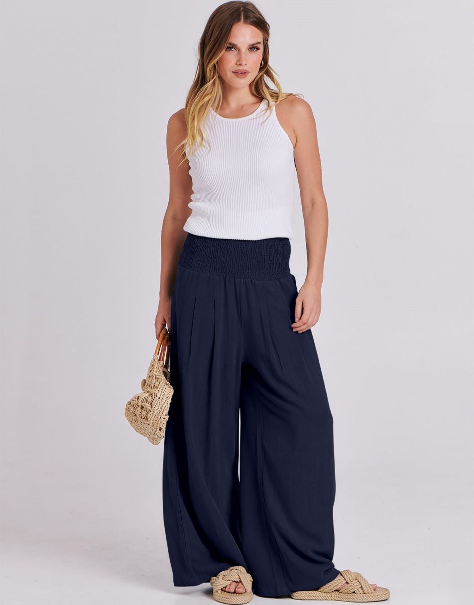 ANRABESS Linen Wide Leg Pants for Women Summer Boho High Waist Palazzo Pants Beach Lounge Casual Trousers with Pockets Vacation Clothes