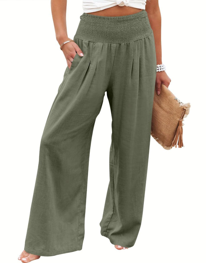 ANRABESS Linen Wide Leg Pants for Women Summer Boho High Waist Palazzo Pants Beach Lounge Casual Trousers with Pockets Vacation Clothes