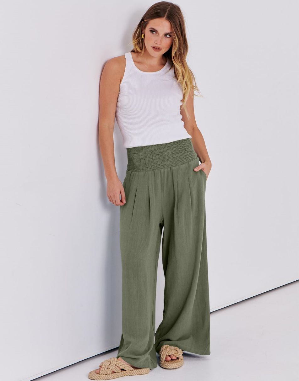 ANRABESS Linen Wide Leg Pants for Women Summer Boho High Waist Palazzo Pants Beach Lounge Casual Trousers with Pockets Vacation Clothes