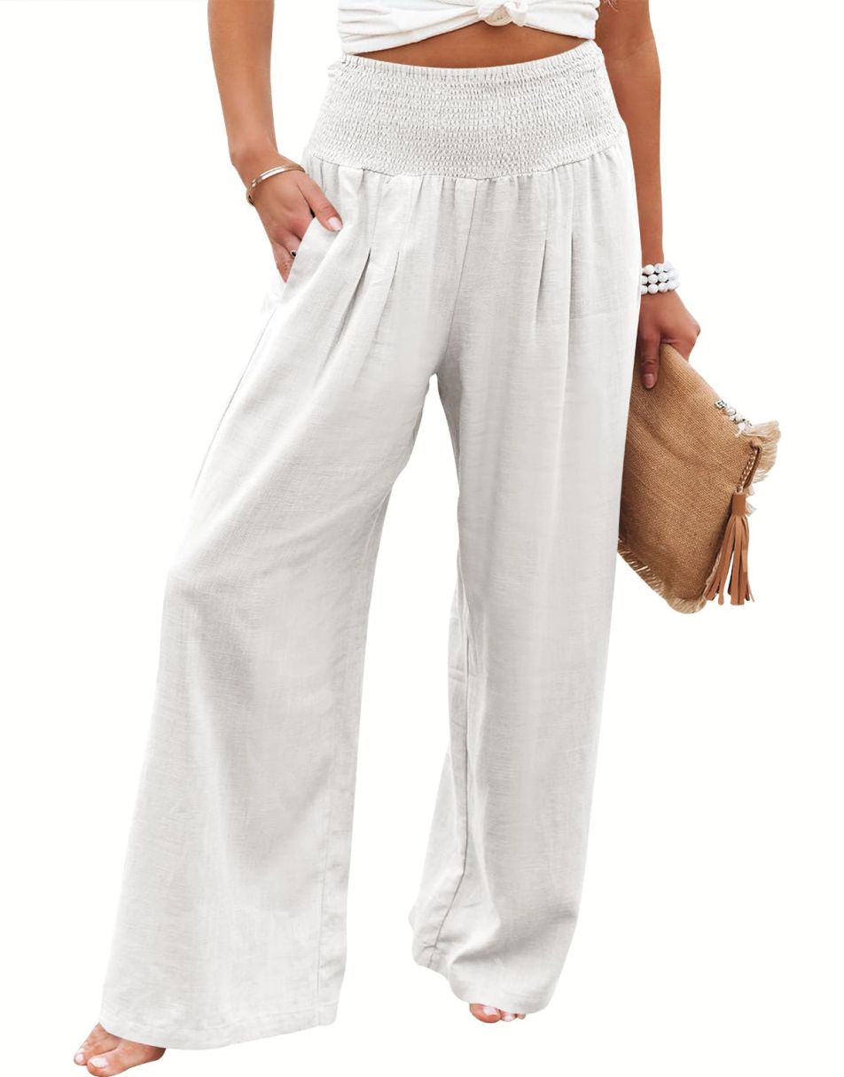 ANRABESS Linen Wide Leg Pants for Women Summer Boho High Waist Palazzo Pants Beach Lounge Casual Trousers with Pockets Vacation Clothes