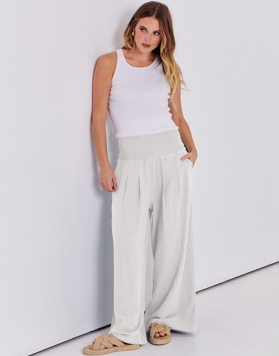 ANRABESS Linen Wide Leg Pants for Women Summer Boho High Waist Palazzo Pants Beach Lounge Casual Trousers with Pockets Vacation Clothes