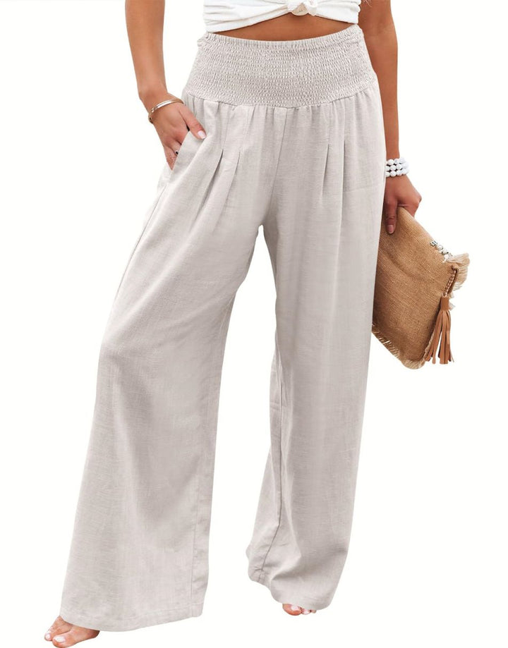 ANRABESS Linen Wide Leg Pants for Women Summer Boho High Waist Palazzo Pants Beach Lounge Casual Trousers with Pockets Vacation Clothes