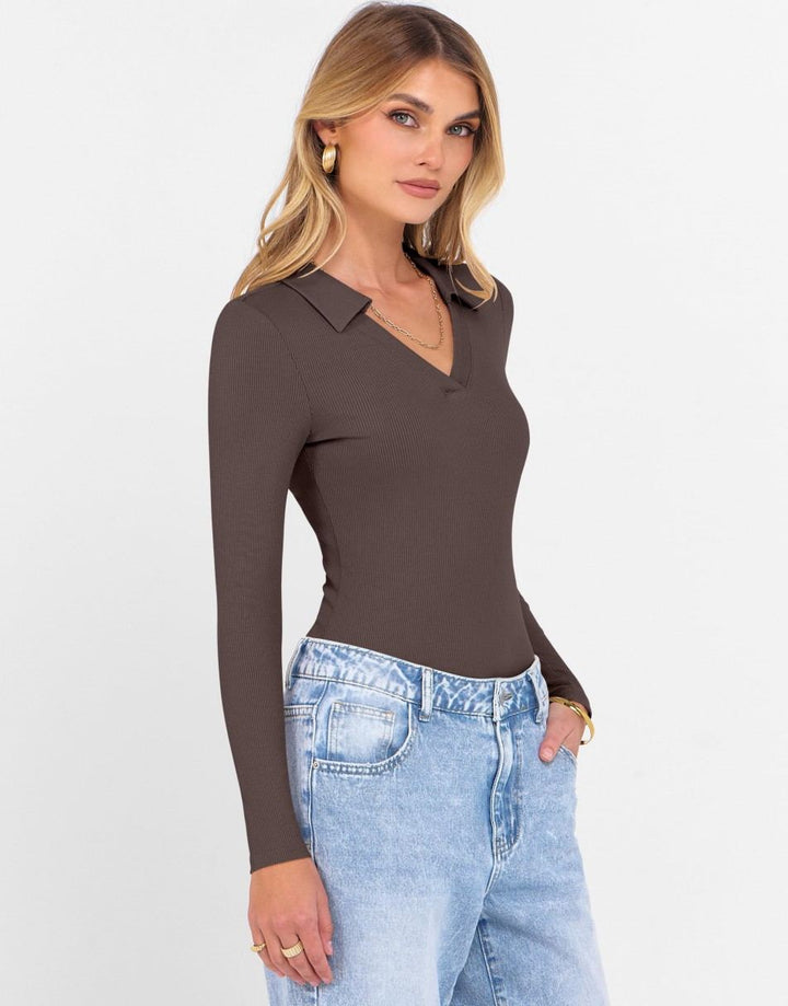 ANRABESS Women's Rib Knit Polo V-Neck Collared Top