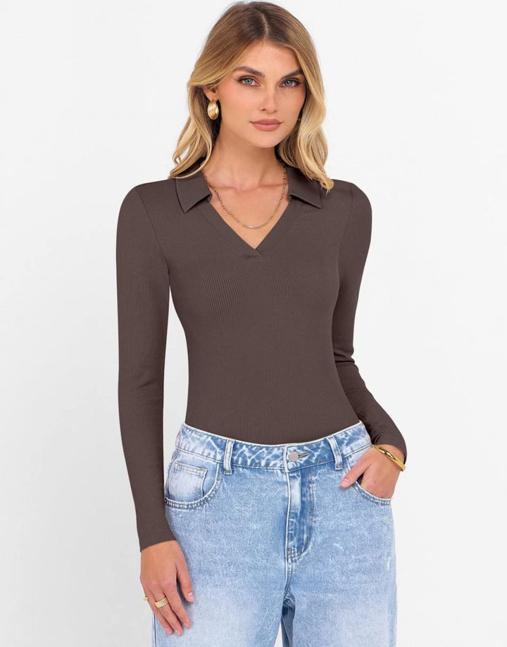ANRABESS Women's Rib Knit Polo V-Neck Collared Top