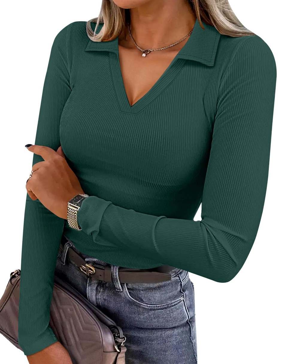 ANRABESS Women's Rib Knit Polo V-Neck Collared Top