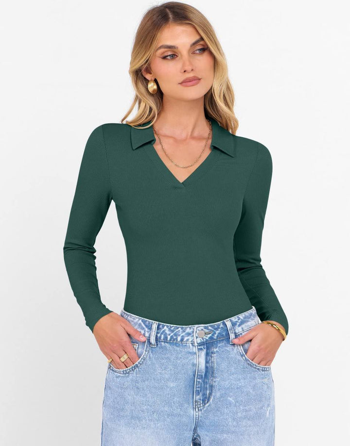 ANRABESS Women's Rib Knit Polo V-Neck Collared Top