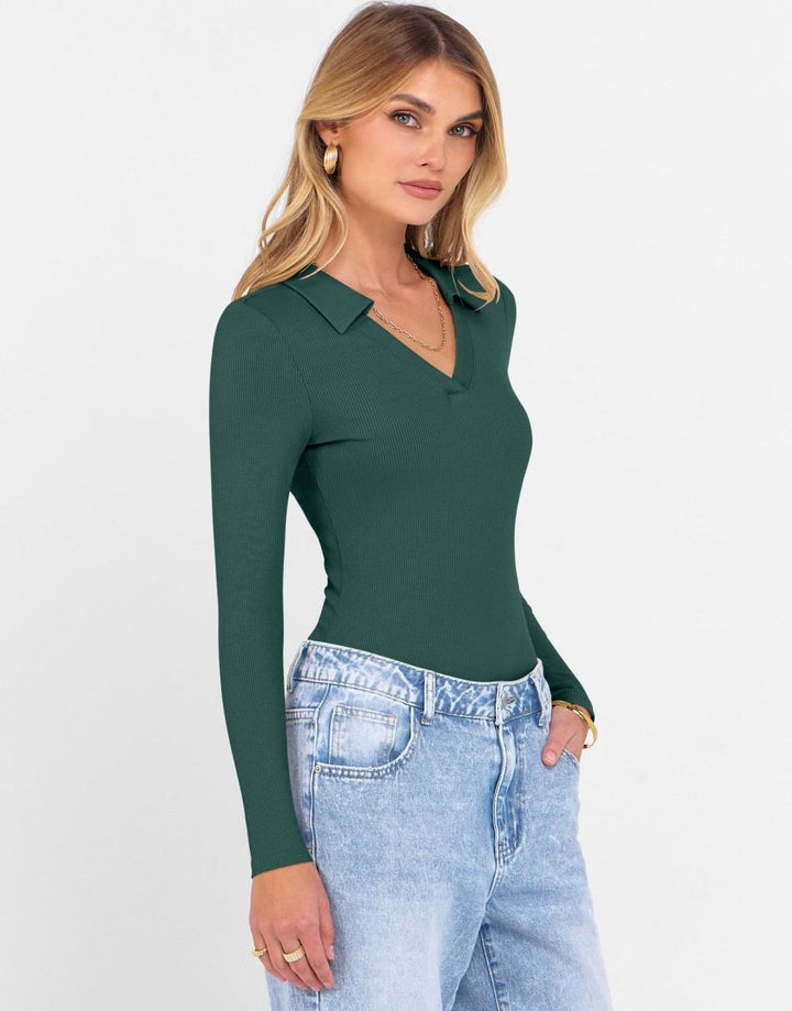 ANRABESS Women's Rib Knit Polo V-Neck Collared Top