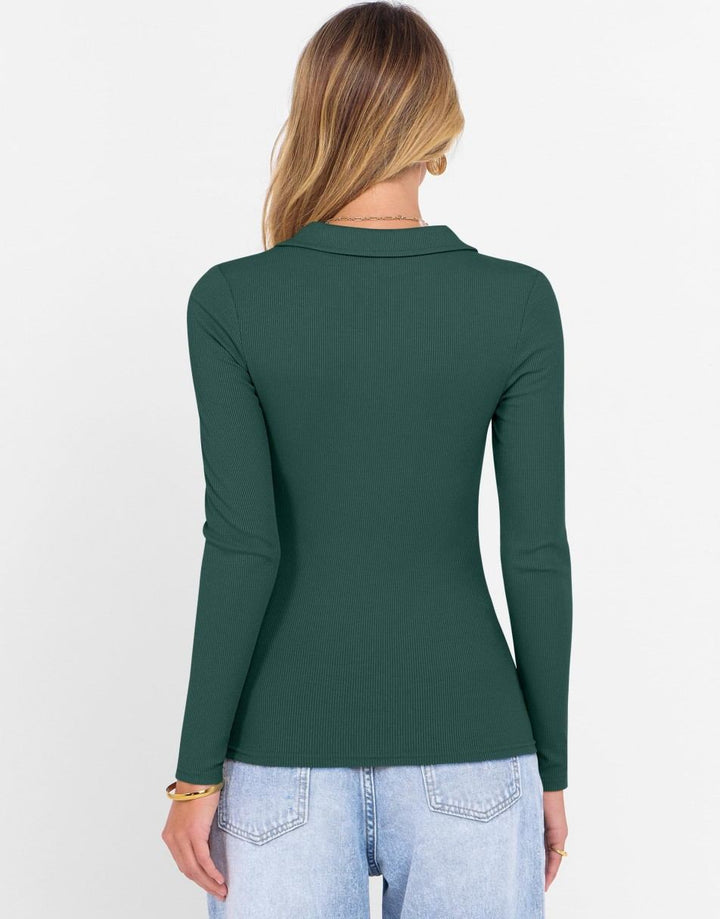 ANRABESS Women's Rib Knit Polo V-Neck Collared Top
