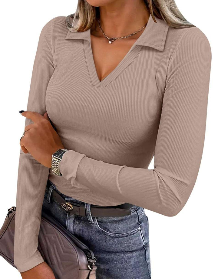 ANRABESS Women's Rib Knit Polo V-Neck Collared Top