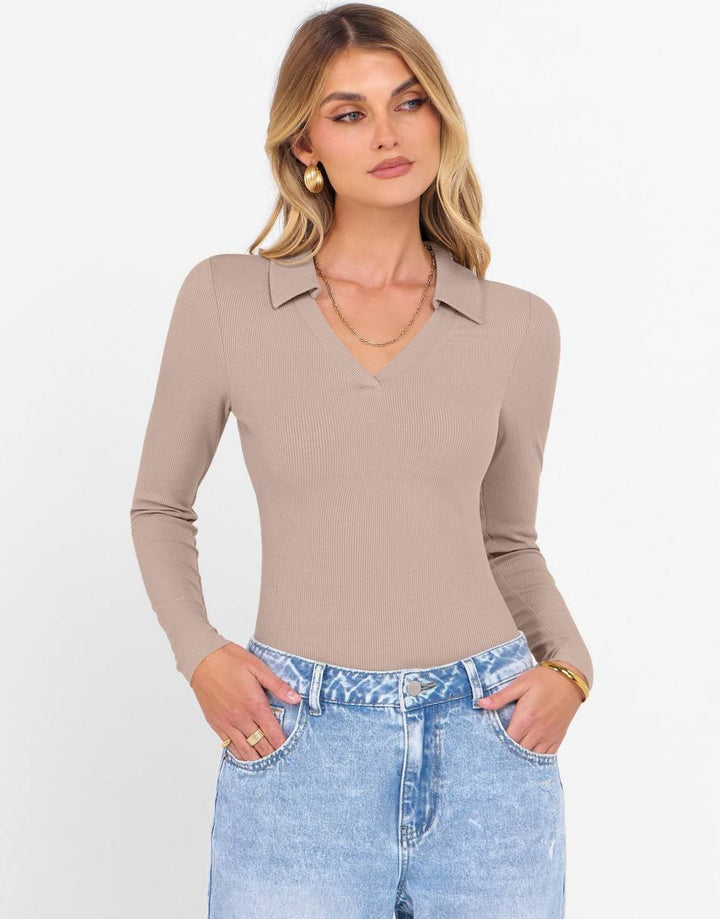 ANRABESS Women's Rib Knit Polo V-Neck Collared Top