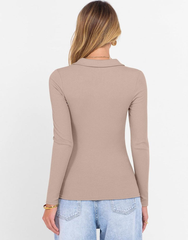 ANRABESS Women's Rib Knit Polo V-Neck Collared Top