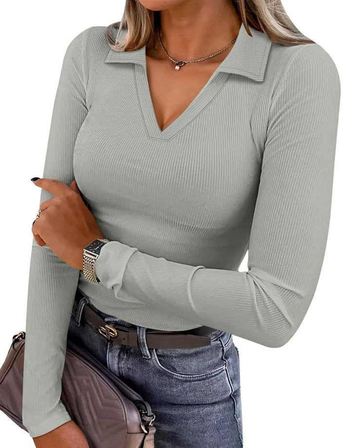 ANRABESS Women's Rib Knit Polo V-Neck Collared Top