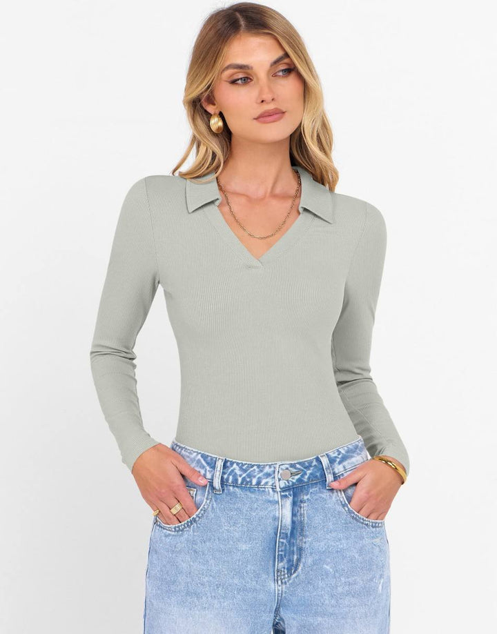 ANRABESS Women's Rib Knit Polo V-Neck Collared Top