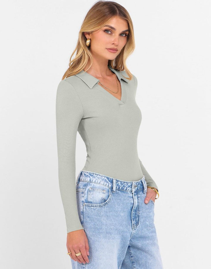 ANRABESS Women's Rib Knit Polo V-Neck Collared Top