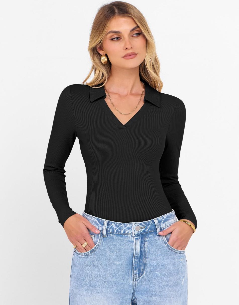 ANRABESS Women's Rib Knit Polo V-Neck Collared Top
