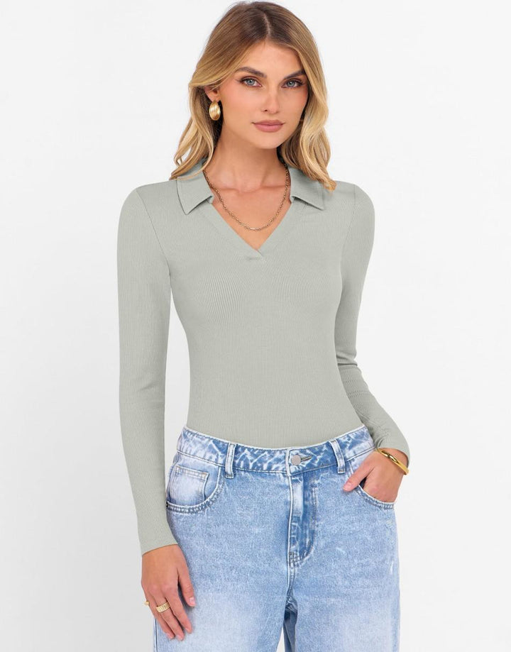 ANRABESS Women's Rib Knit Polo V-Neck Collared Top