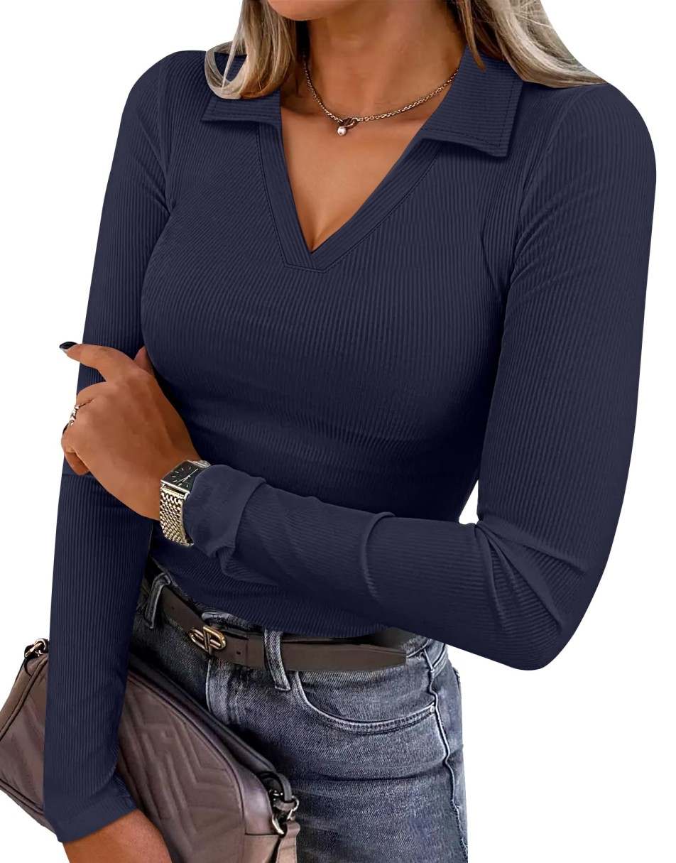 ANRABESS Women's Rib Knit Polo V-Neck Collared Top