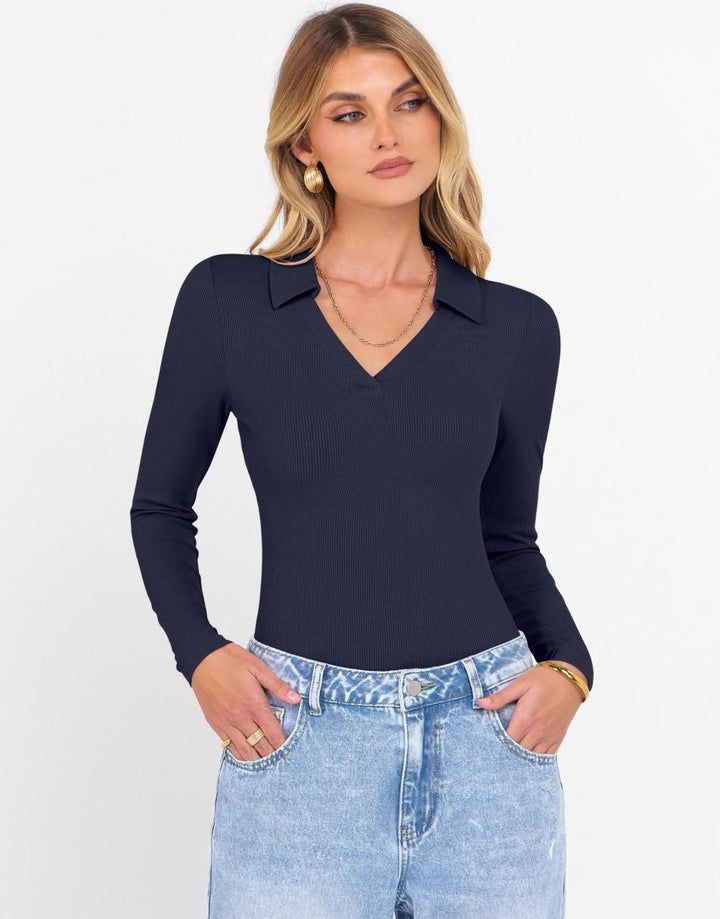 ANRABESS Women's Rib Knit Polo V-Neck Collared Top