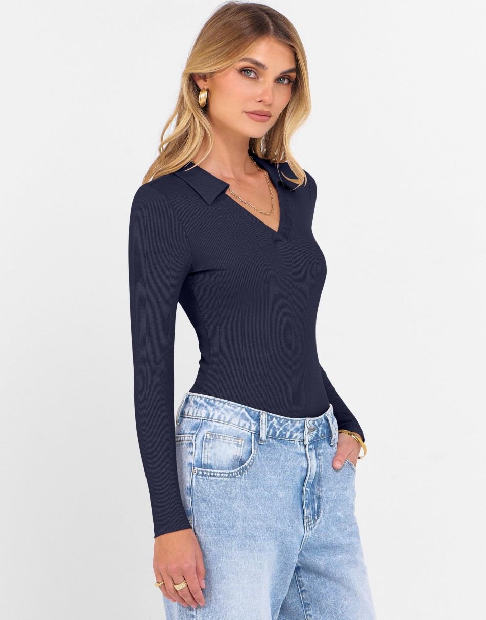 ANRABESS Women's Rib Knit Polo V-Neck Collared Top