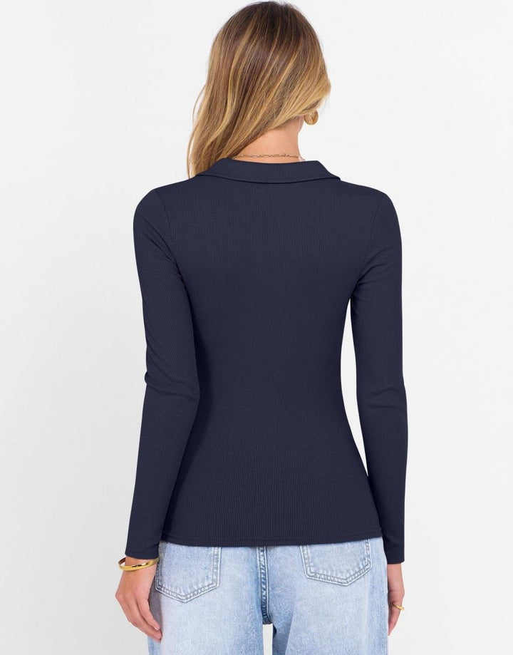 ANRABESS Women's Rib Knit Polo V-Neck Collared Top