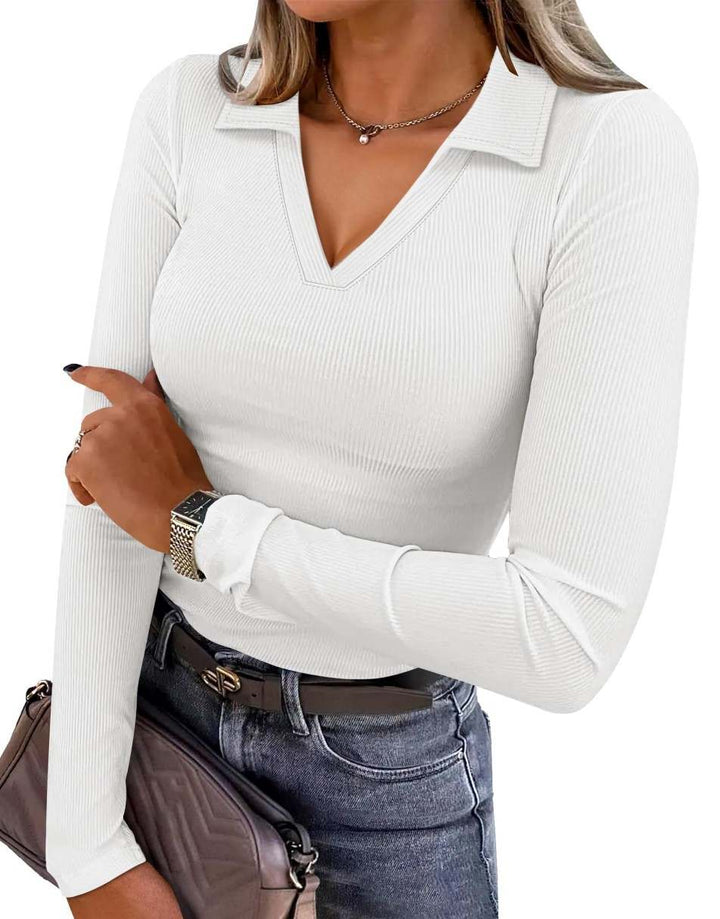 ANRABESS Women's Rib Knit Polo V-Neck Collared Top