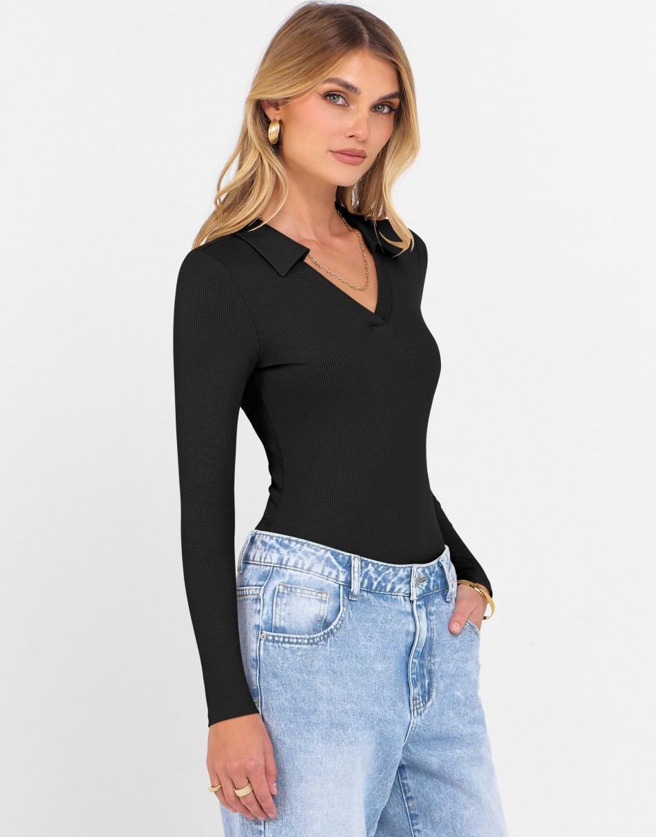 ANRABESS Women's Rib Knit Polo V-Neck Collared Top