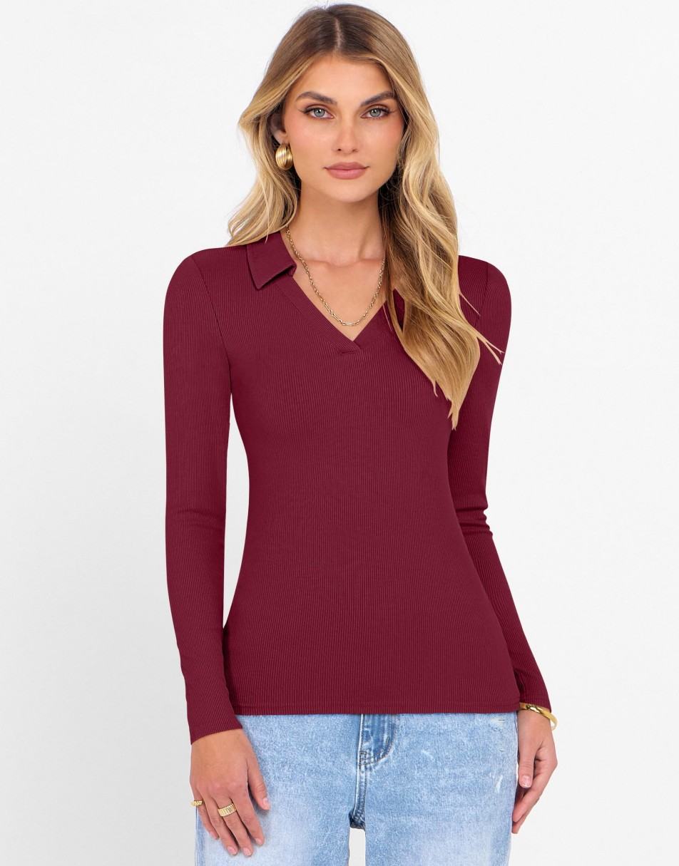 ANRABESS Women's Rib Knit Polo V-Neck Collared Top