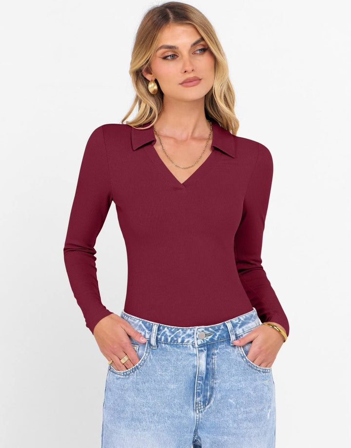 ANRABESS Women's Rib Knit Polo V-Neck Collared Top