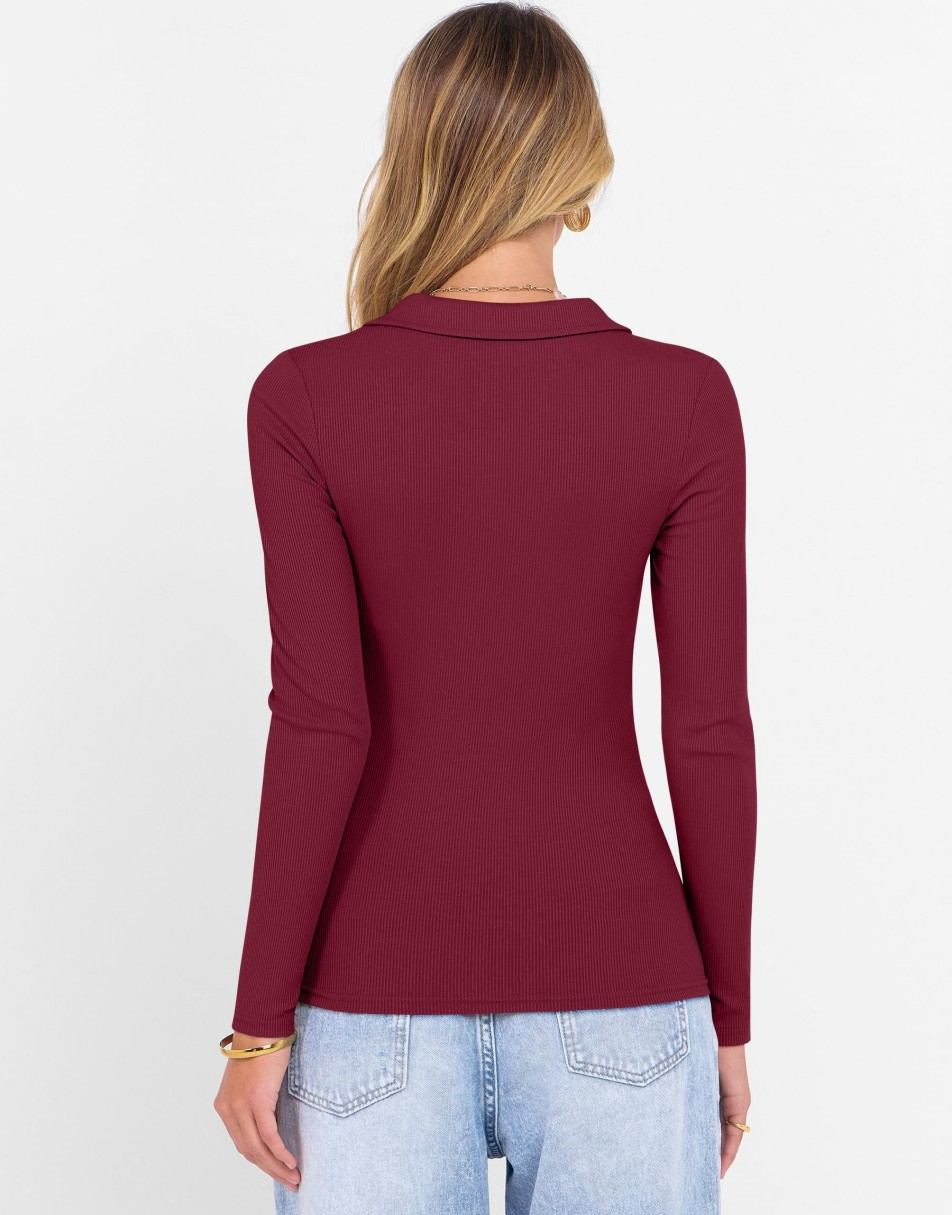 ANRABESS Women's Rib Knit Polo V-Neck Collared Top