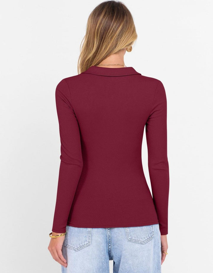 ANRABESS Women's Rib Knit Polo V-Neck Collared Top