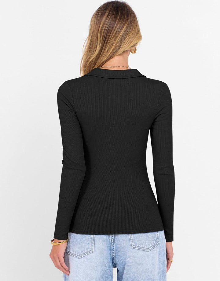 ANRABESS Women's Rib Knit Polo V-Neck Collared Top