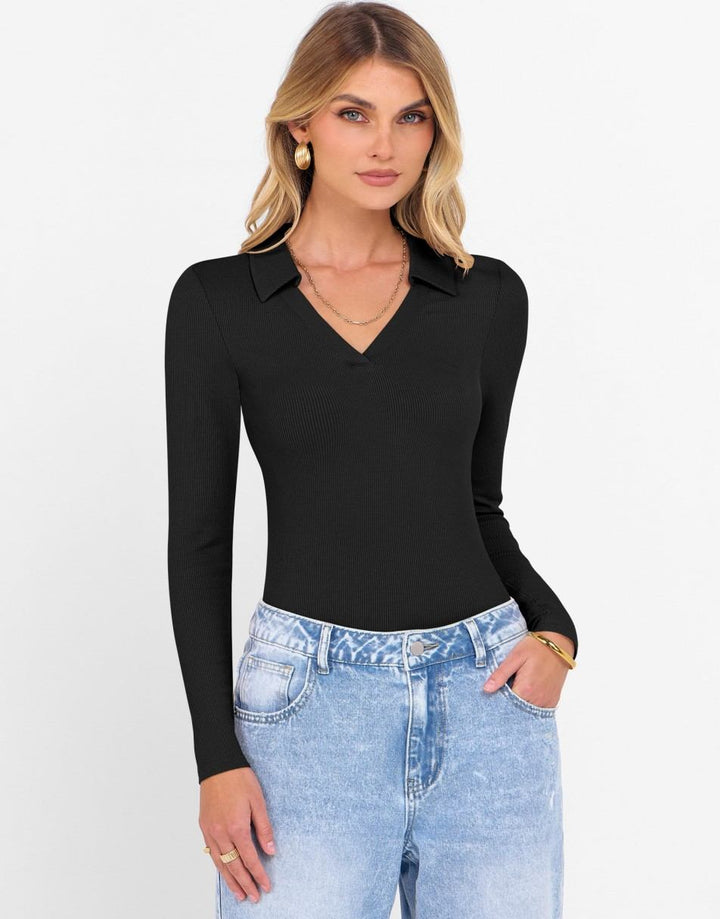 ANRABESS Women's Rib Knit Polo V-Neck Collared Top