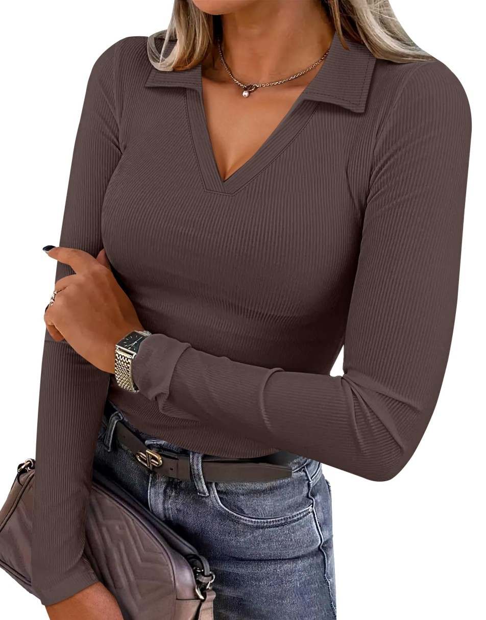 ANRABESS Women's Rib Knit Polo V-Neck Collared Top