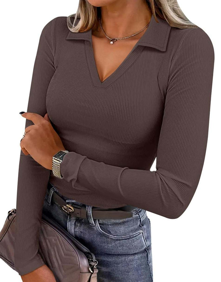 ANRABESS Women's Rib Knit Polo V-Neck Collared Top