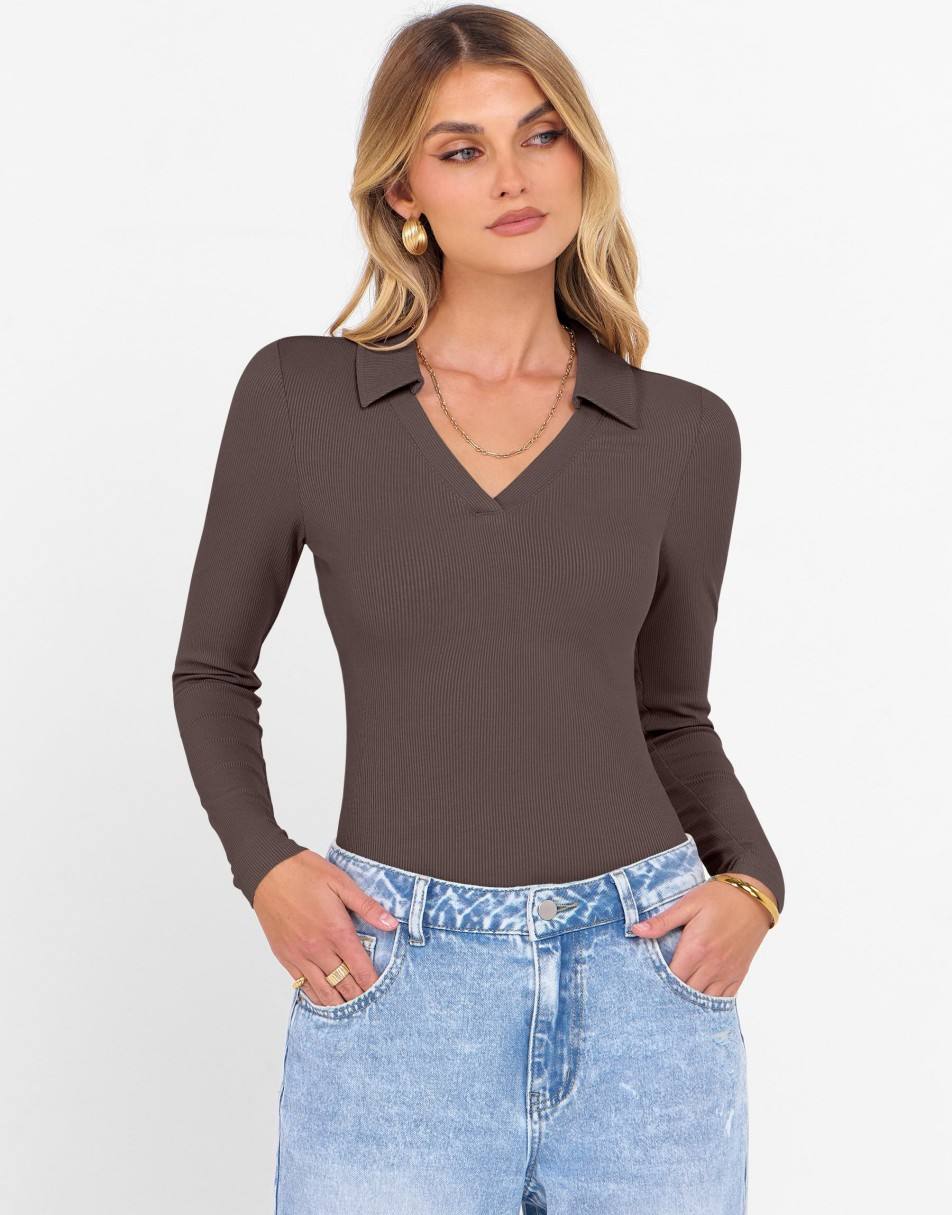 ANRABESS Women's Rib Knit Polo V-Neck Collared Top