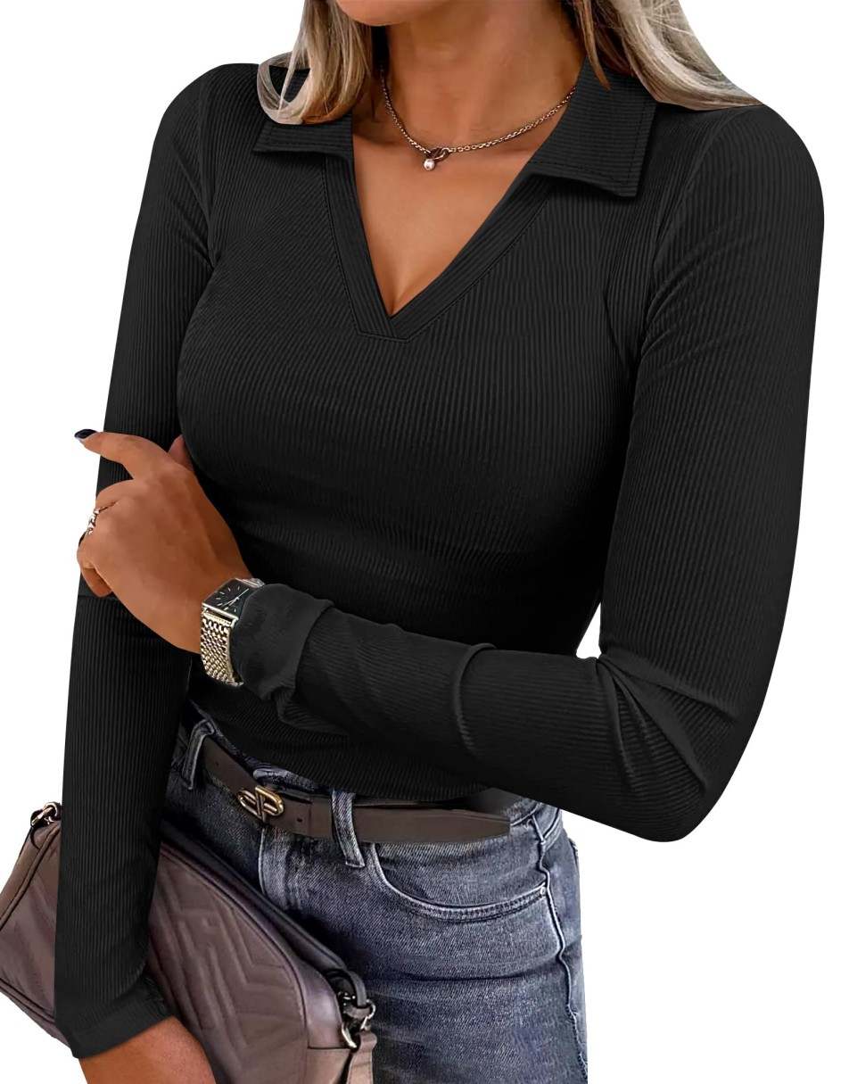 ANRABESS Women's Rib Knit Polo V-Neck Collared Top