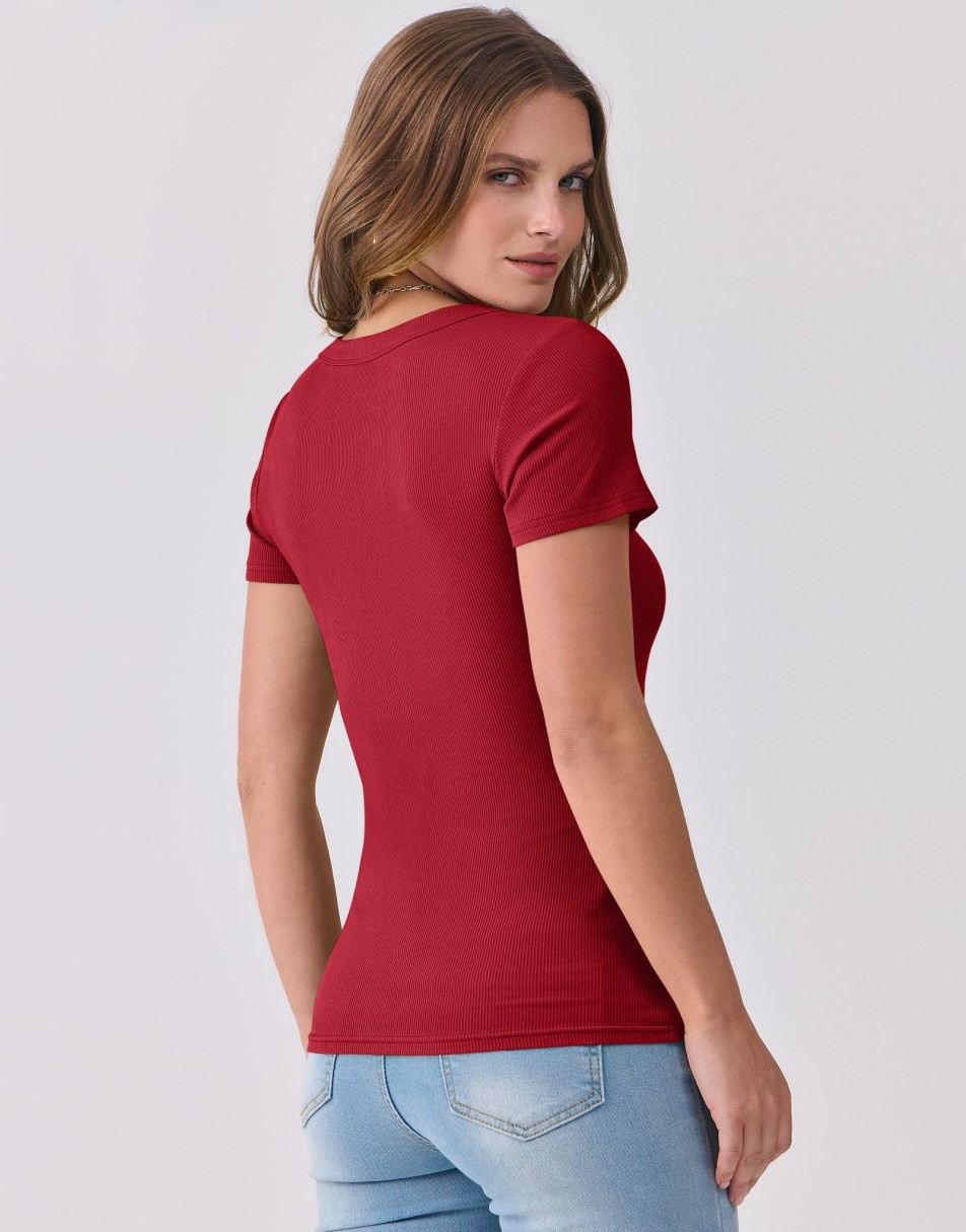 ANRABESS Fitted Ribbed V-Neck Short Sleeve Top