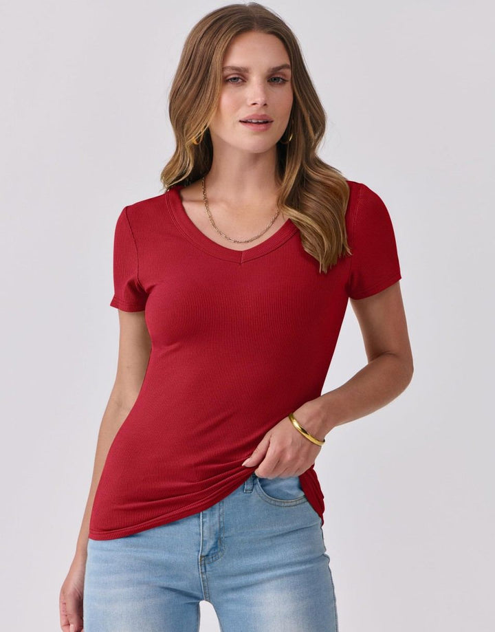 ANRABESS Fitted Ribbed V-Neck Short Sleeve Top
