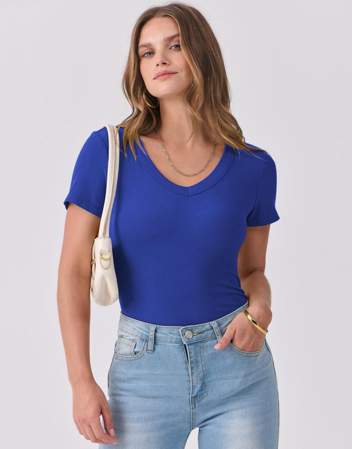 ANRABESS Fitted Ribbed V-Neck Short Sleeve Top