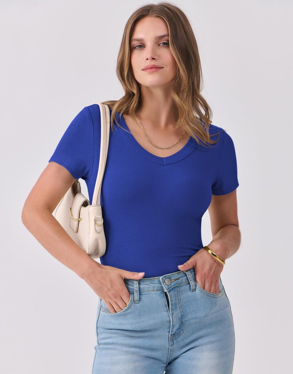ANRABESS Fitted Ribbed V-Neck Short Sleeve Top