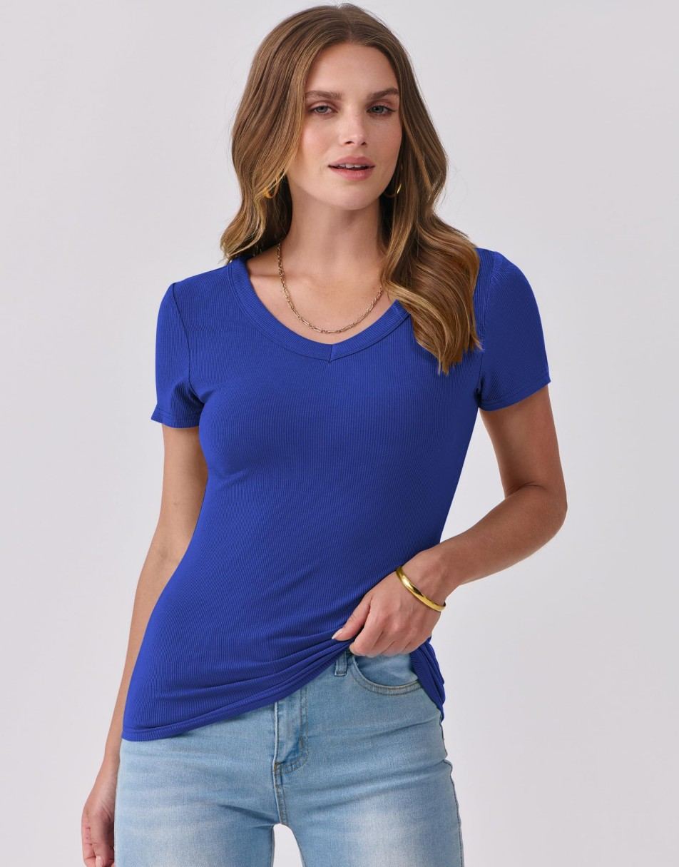 ANRABESS Fitted Ribbed V-Neck Short Sleeve Top