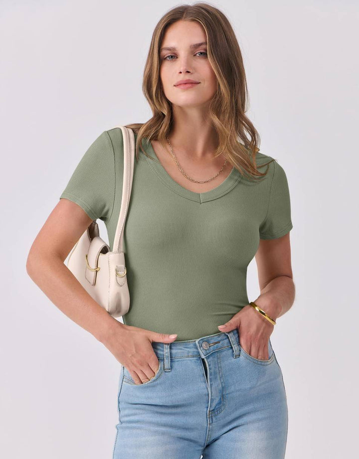ANRABESS Fitted Ribbed V-Neck Short Sleeve Top