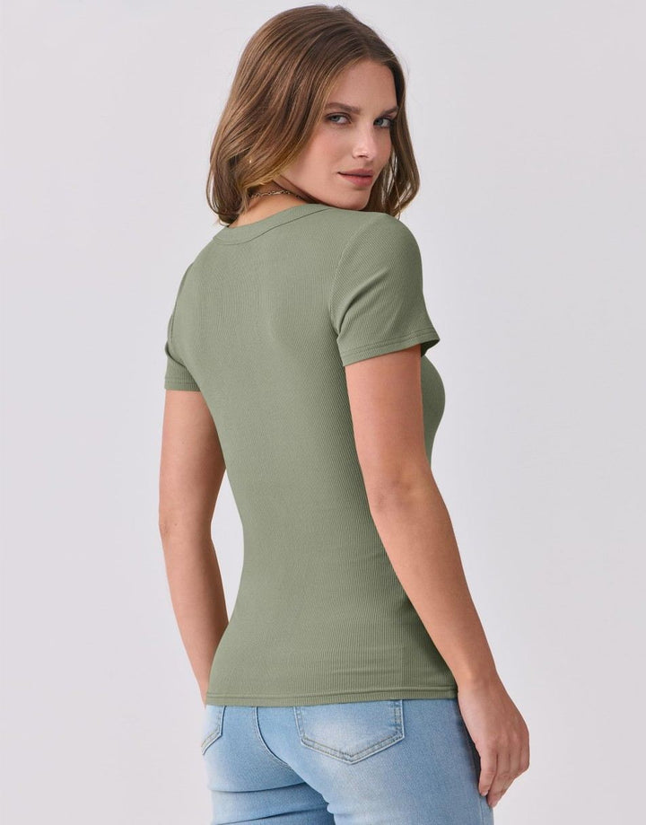 ANRABESS Fitted Ribbed V-Neck Short Sleeve Top