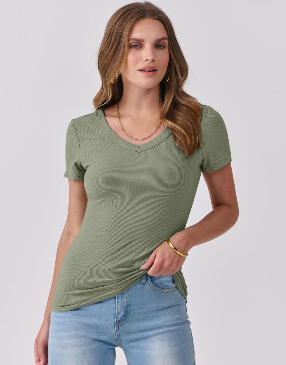 ANRABESS Fitted Ribbed V-Neck Short Sleeve Top