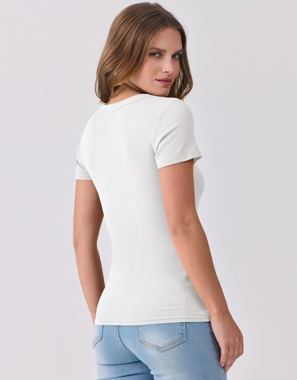 ANRABESS Fitted Ribbed V-Neck Short Sleeve Top