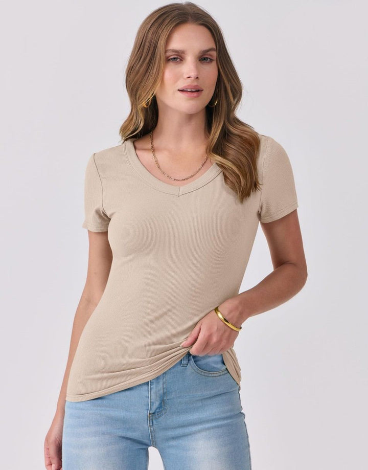 ANRABESS Fitted Ribbed V-Neck Short Sleeve Top
