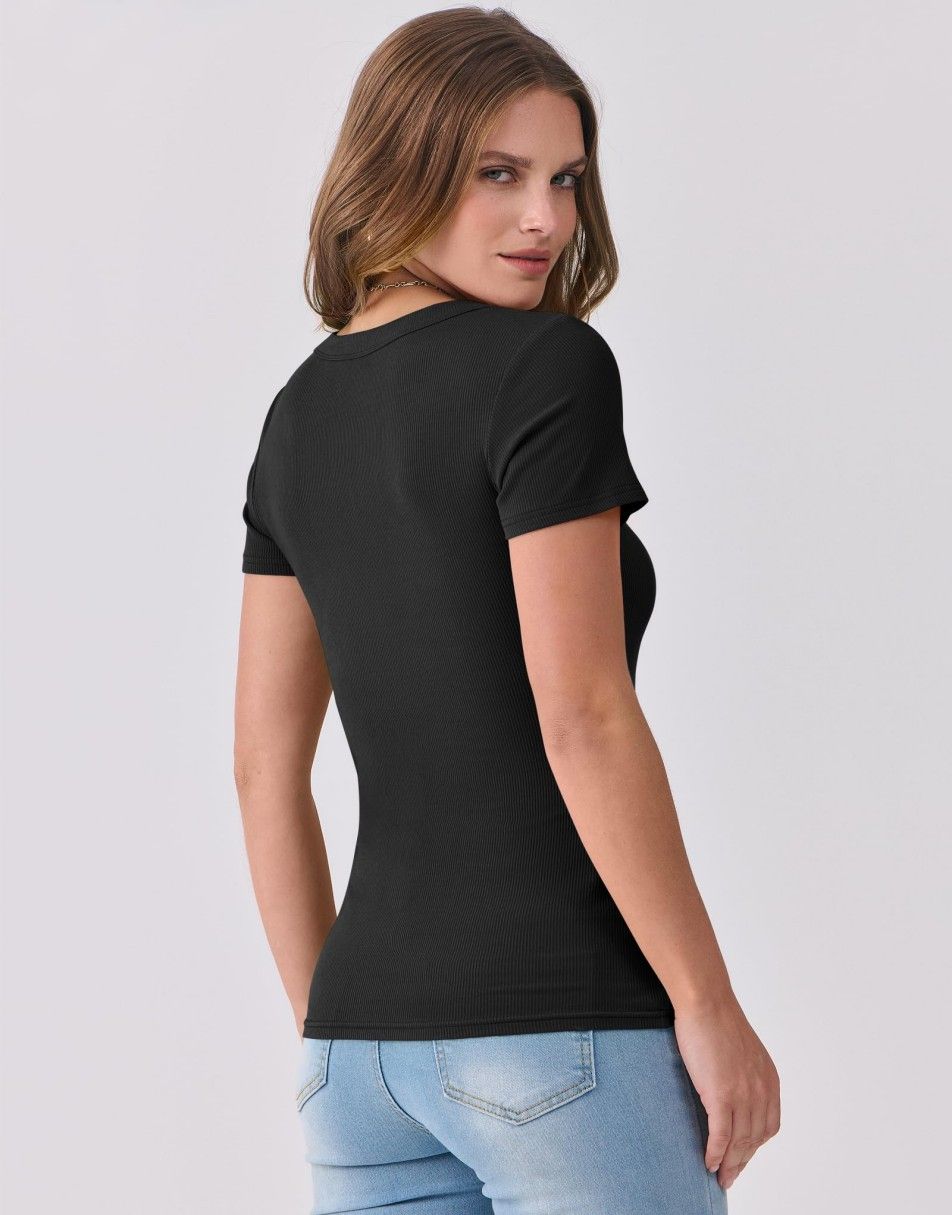 ANRABESS Fitted Ribbed V-Neck Short Sleeve Top